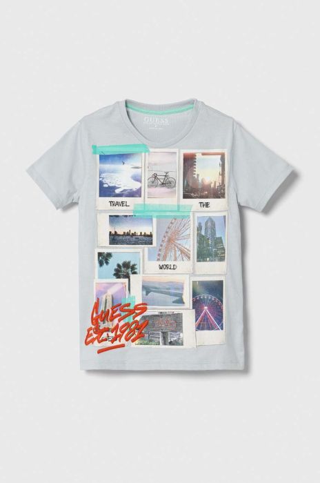 Дитяча бавовняна футболка Guess колір сірий з принтом (3370283)