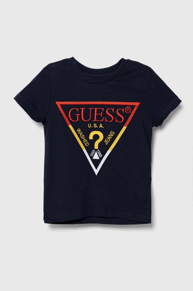Дитяча бавовняна футболка Guess колір синій з аплікацією (3366821)