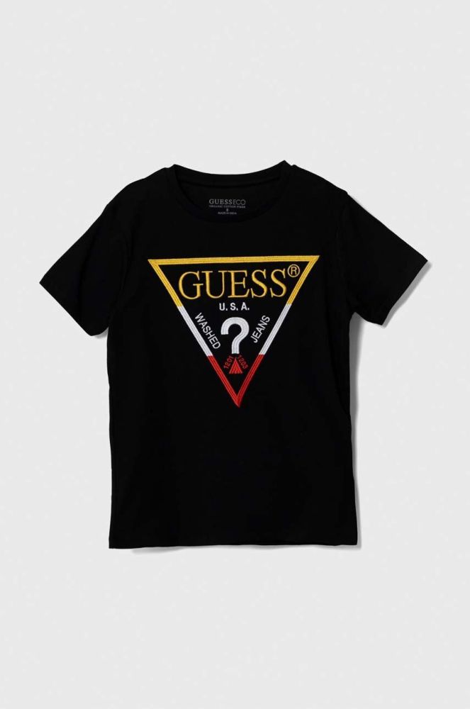 Дитяча бавовняна футболка Guess колір чорний з аплікацією (3366829)