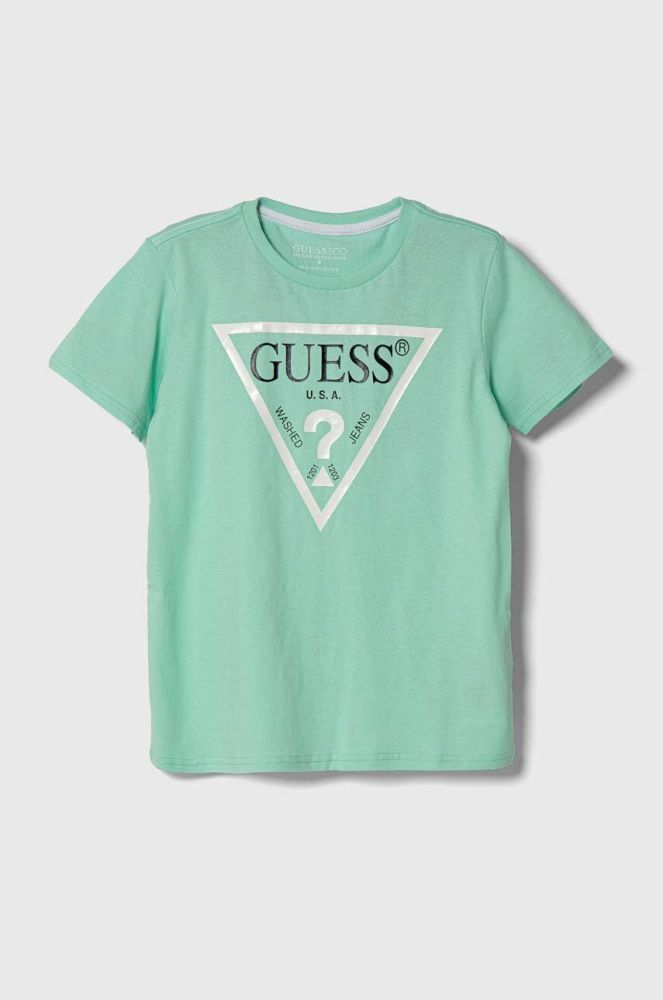 Дитяча бавовняна футболка Guess колір бірюзовий з принтом (3366852)