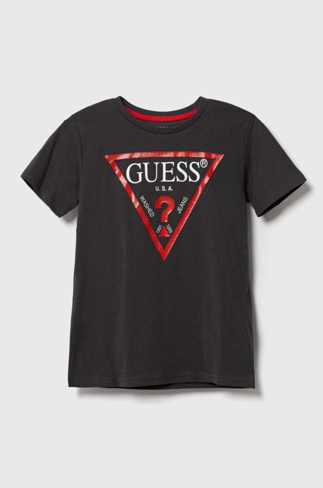 Дитяча бавовняна футболка Guess колір сірий з принтом (3366857)