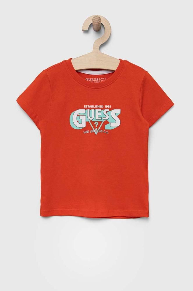 Дитяча бавовняна футболка Guess колір червоний з принтом (3328712)