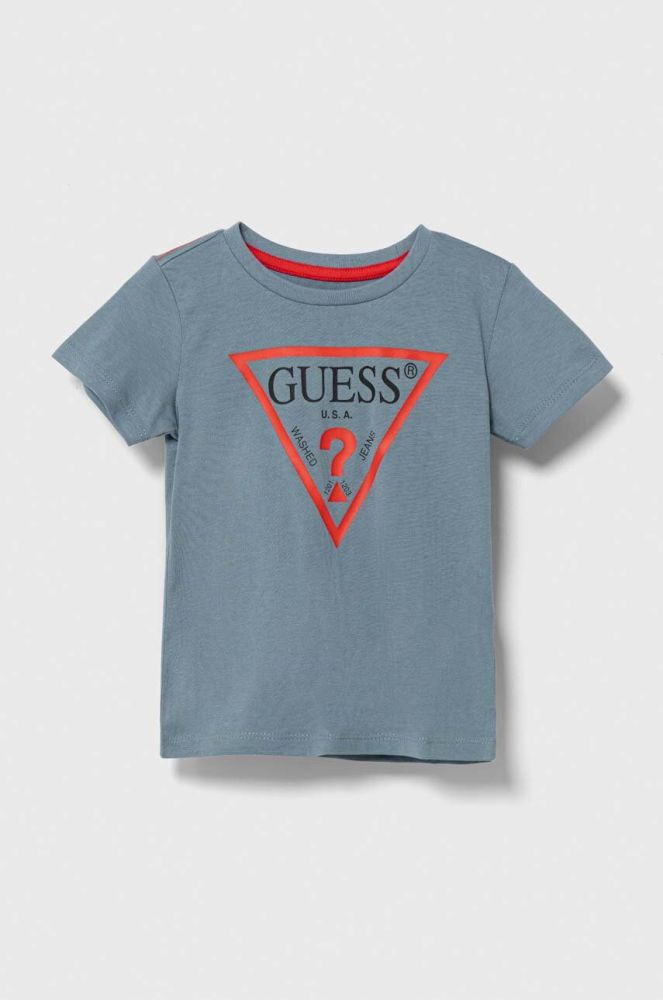 Дитяча бавовняна футболка Guess з принтом колір блакитний (3366896)