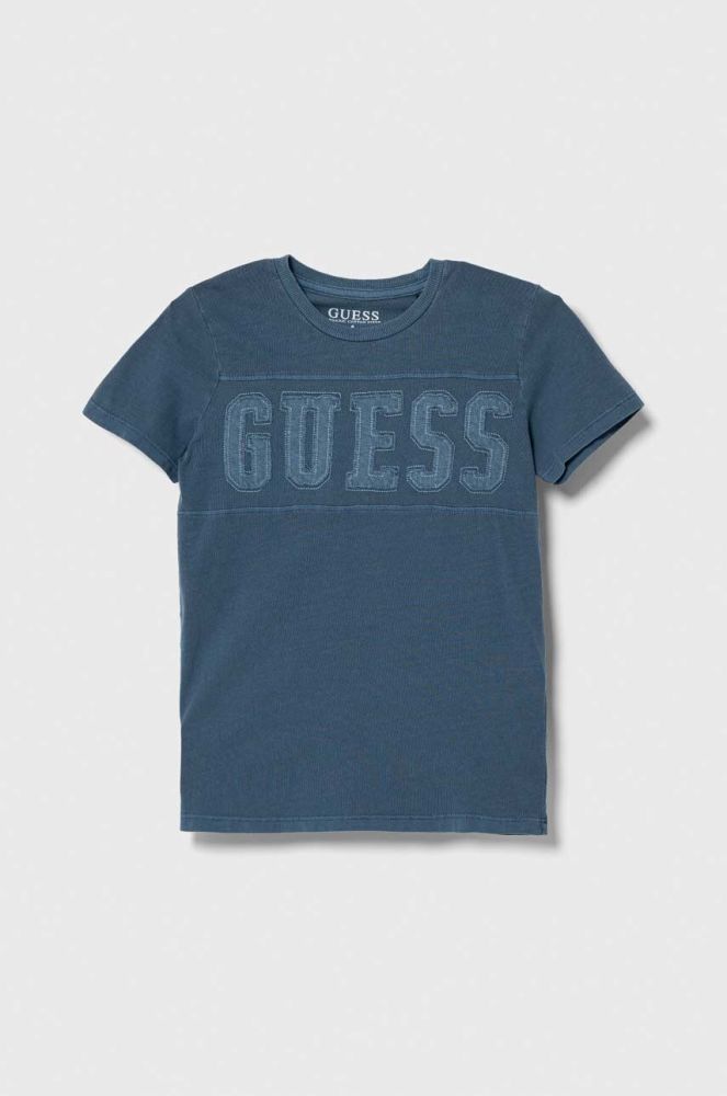 Дитяча бавовняна футболка Guess з аплікацією колір блакитний (3516382)