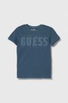 Дитяча бавовняна футболка Guess з аплікацією колір блакитний (3516382)