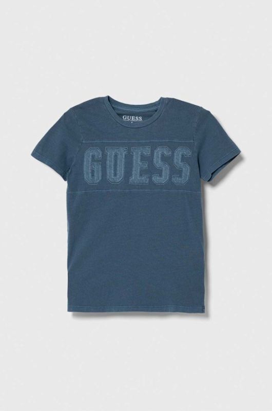 Дитяча бавовняна футболка Guess з аплікацією колір блакитний (3516382)