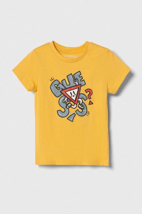 Дитяча бавовняна футболка Guess колір жовтий візерунок