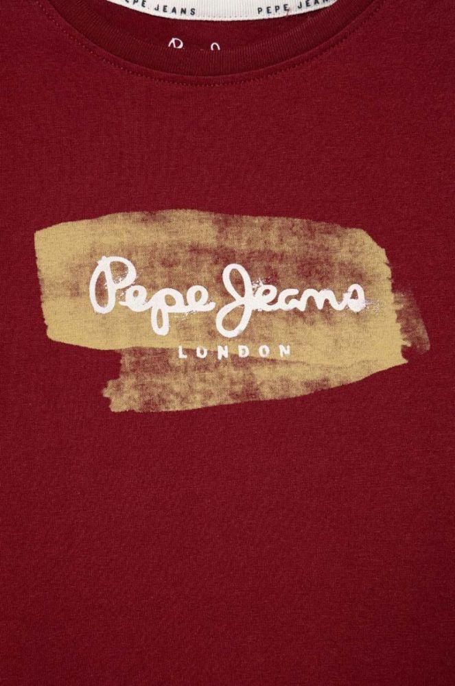 Дитяча бавовняна футболка Pepe Jeans колір бордовий з принтом (3486987) фото 3