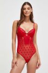 Боді Guess колір червоний мереживо однотонний