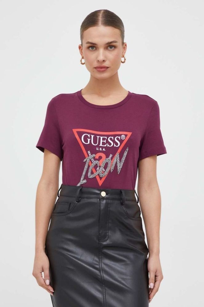 Бавовняна футболка Guess жіночий колір фіолетовий (3615267) фото 2