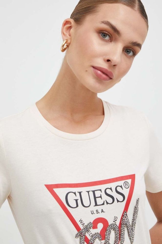 Бавовняна футболка Guess жіночий колір бежевий (3615262) фото 2
