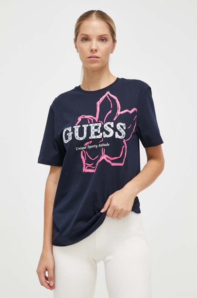 Бавовняна футболка Guess жіночий колір синій