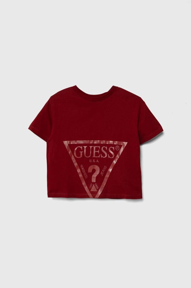 Дитяча бавовняна футболка Guess колір бордовий (3370519)