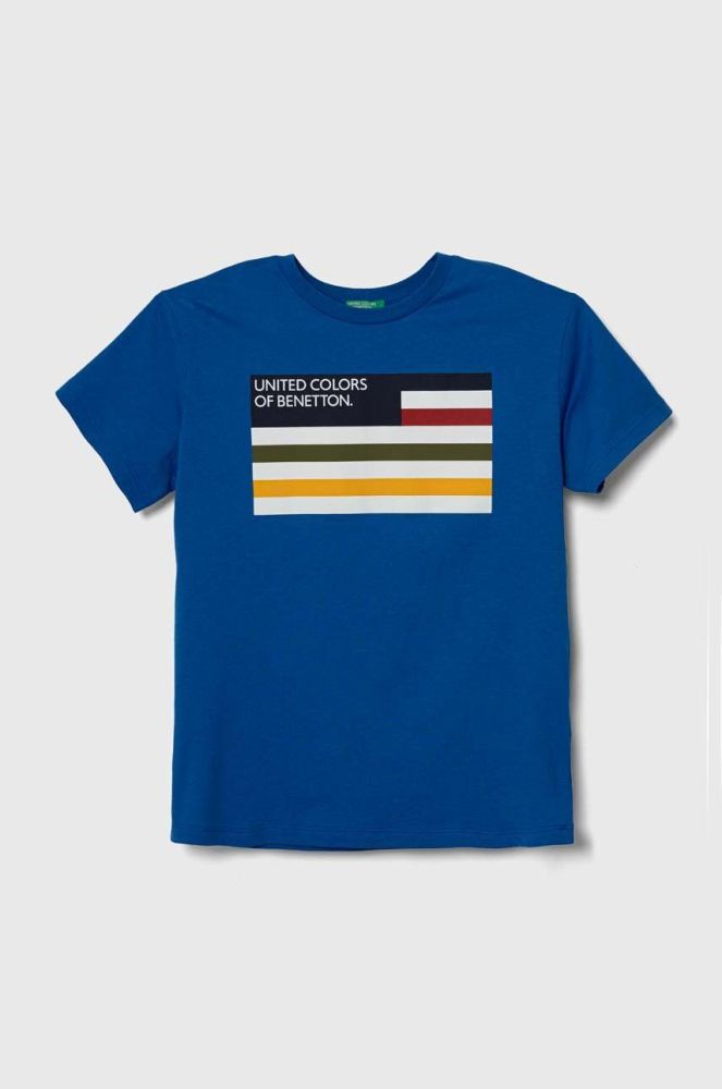 Дитяча бавовняна футболка United Colors of Benetton з принтом колір блакитний (3388921)