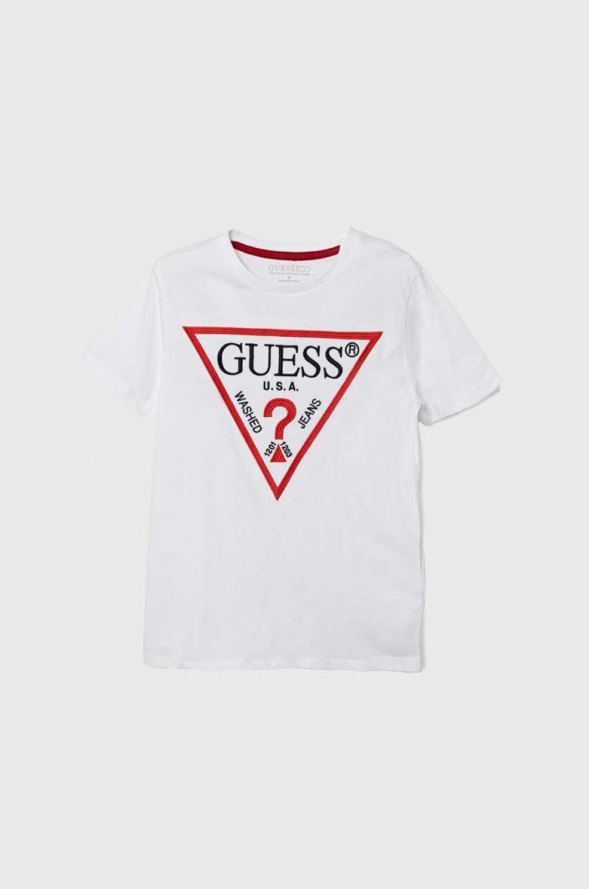 Дитяча бавовняна футболка Guess колір білий з аплікацією (3603478)