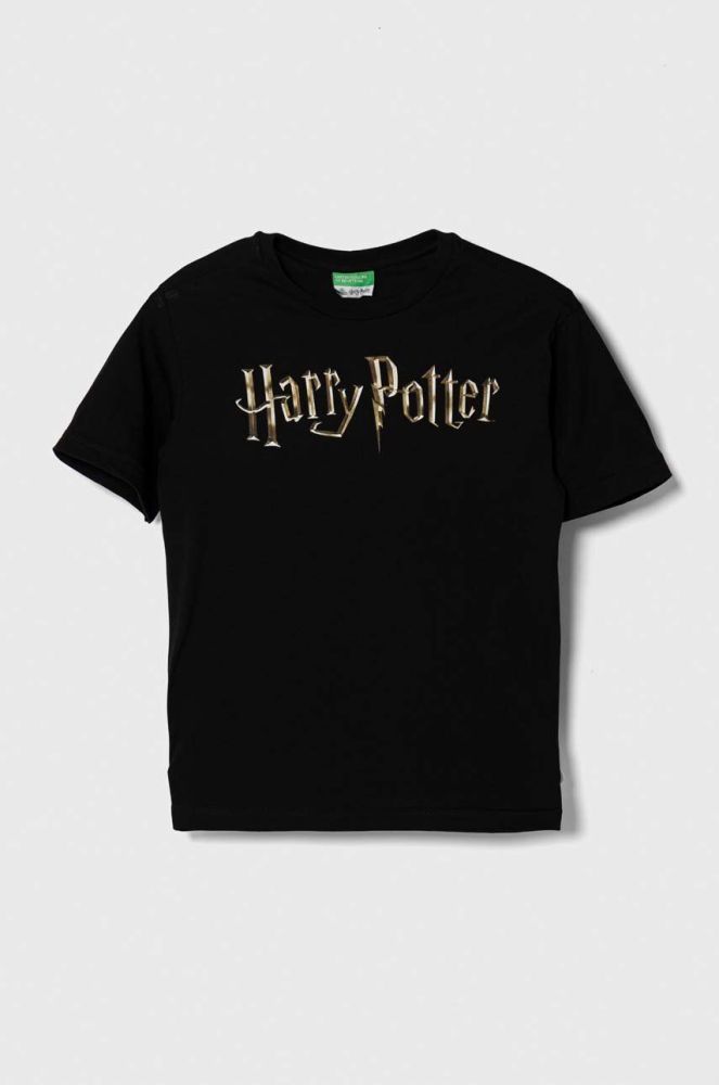 Дитяча бавовняна футболка United Colors of Benetton x Harry Potter колір чорний з принтом