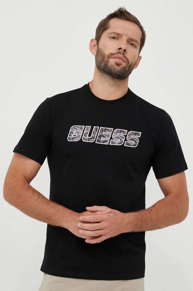 Бавовняна футболка Guess колір чорний з принтом (3395366)