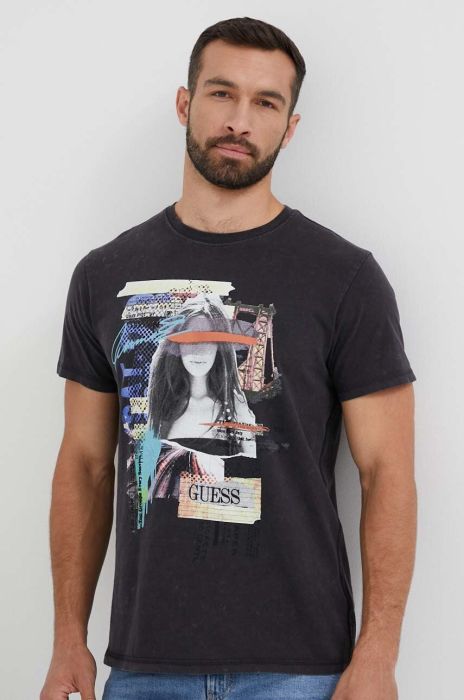 Бавовняна футболка Guess колір сірий з принтом