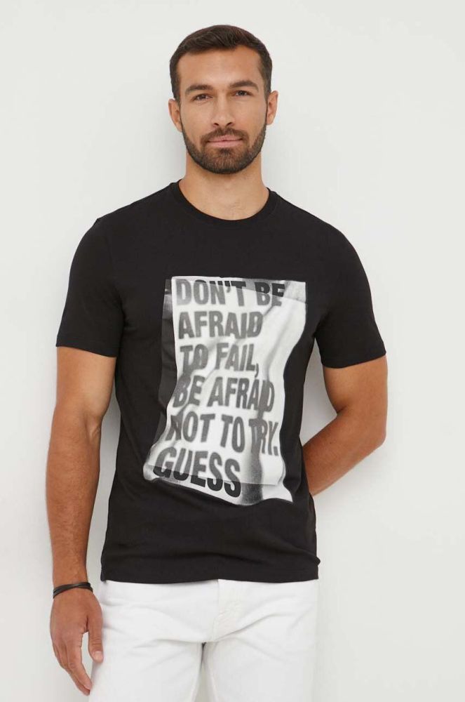 Бавовняна футболка Guess колір чорний з принтом (3367107)