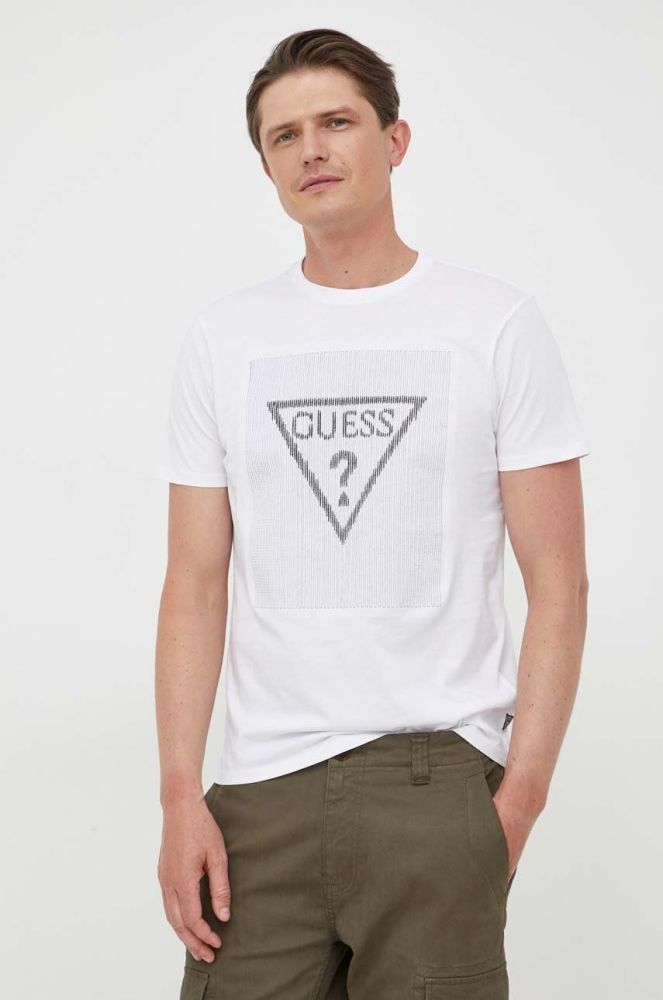 Бавовняна футболка Guess колір білий візерунок (3313913)