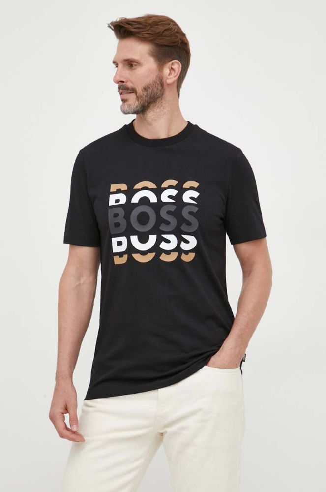 Бавовняна футболка BOSS колір чорний з принтом (3354563)