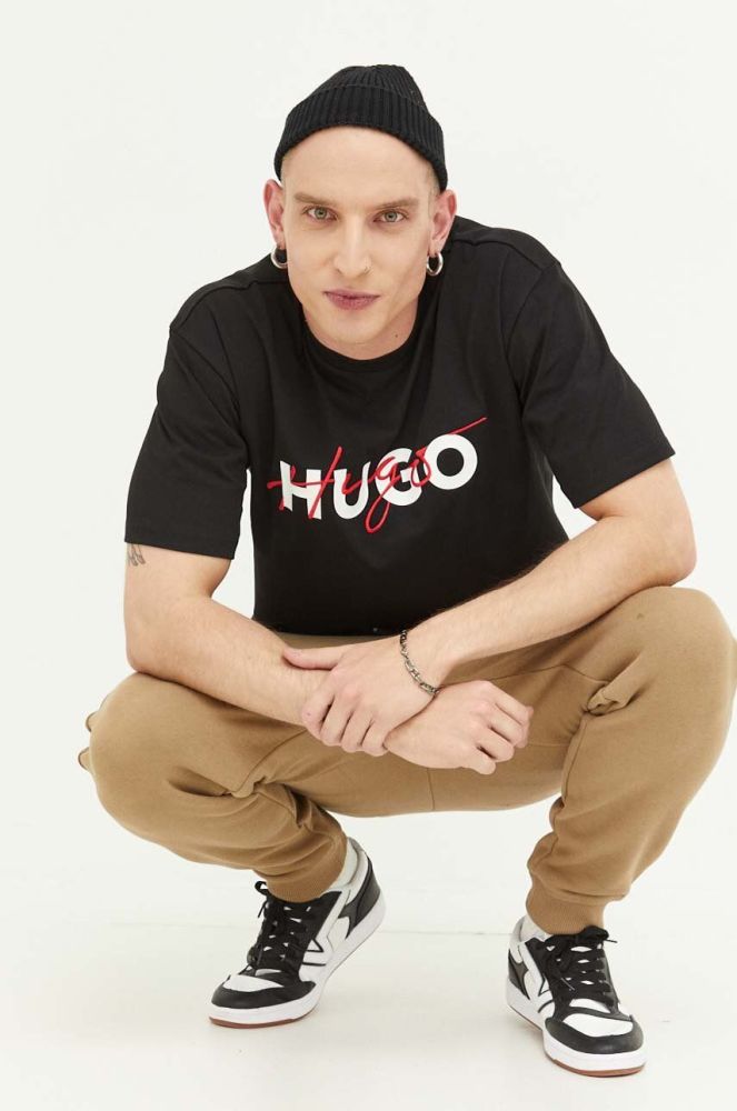Бавовняна футболка HUGO колір чорний з принтом (3360827)
