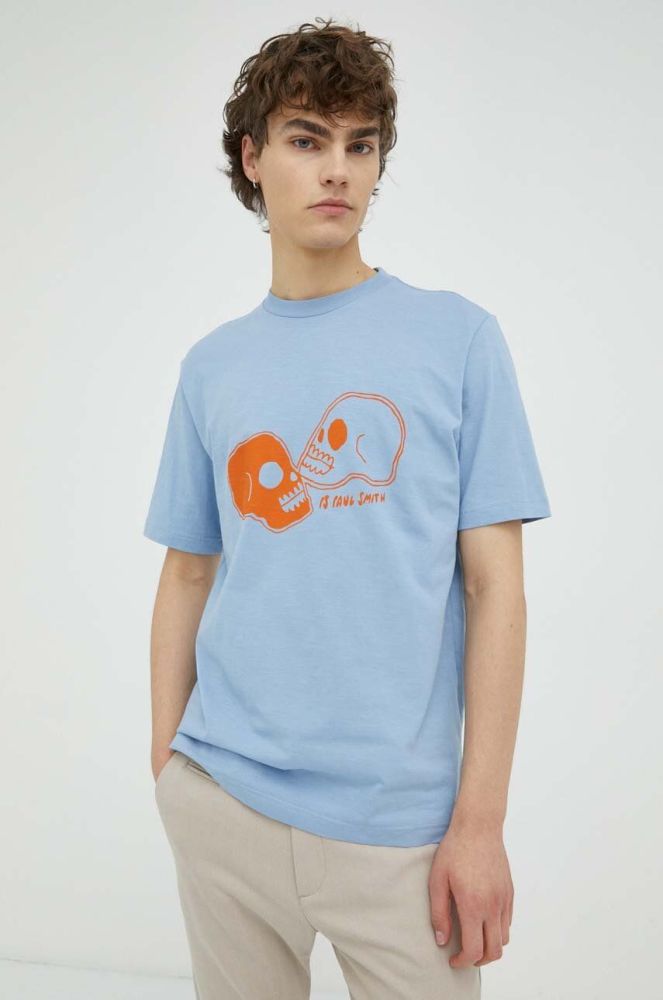 Бавовняна футболка PS Paul Smith з принтом колір блакитний