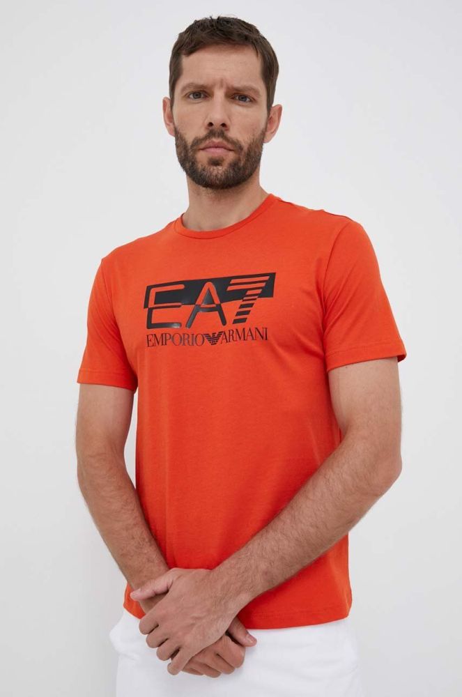 Бавовняна футболка EA7 Emporio Armani колір помаранчевий з принтом