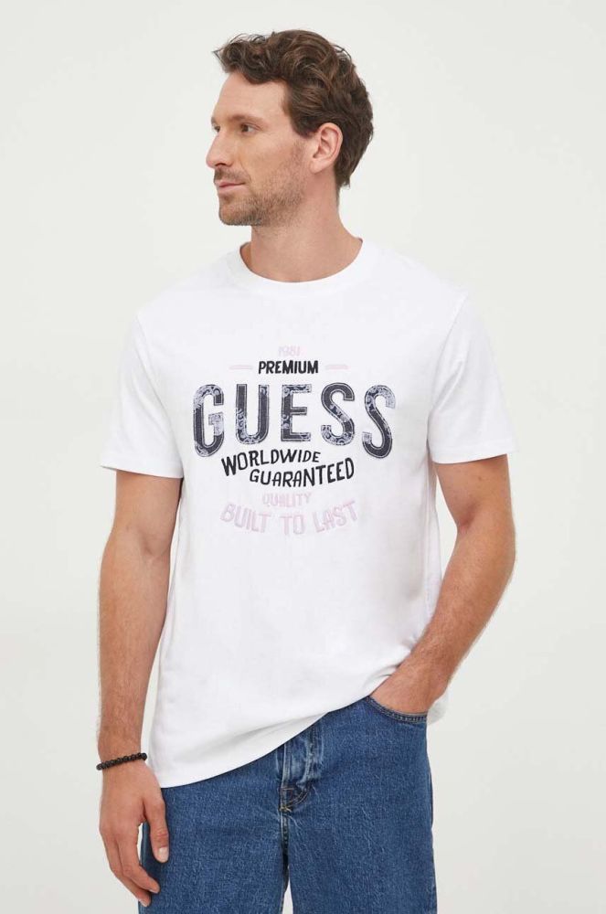 Бавовняна футболка Guess колір білий візерунок (3520706)