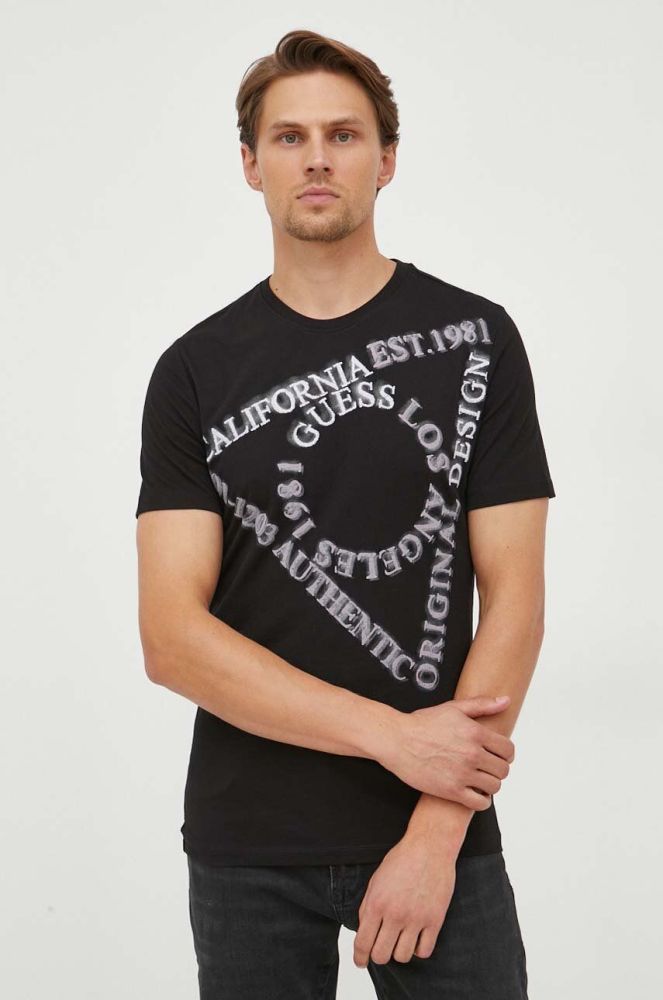 Бавовняна футболка Guess колір чорний з принтом (3576222)