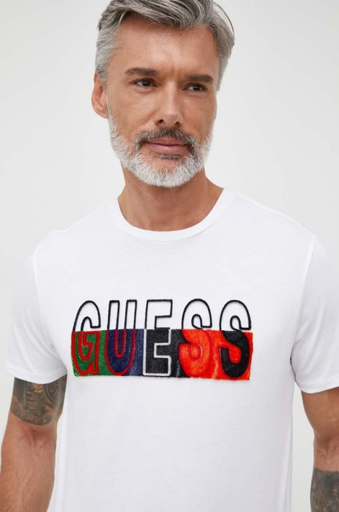 Бавовняна футболка Guess чоловічий колір білий з аплікацією фото 3