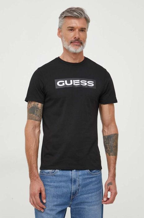 Бавовняна футболка Guess чоловічий колір чорний з принтом (3619428)