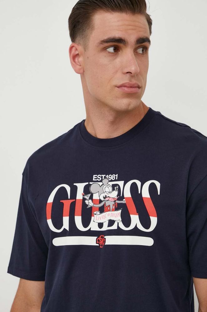 Бавовняна футболка Guess Guess x Banksy чоловіча колір синій з принтом