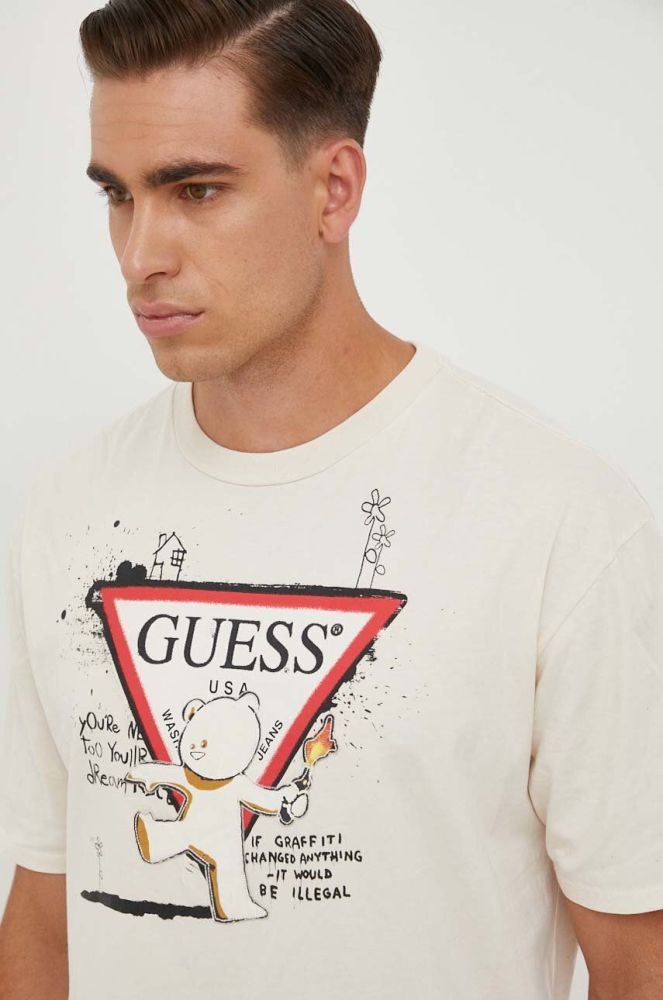 Бавовняна футболка Guess Guess x Banksy чоловіча колір бежевий з принтом