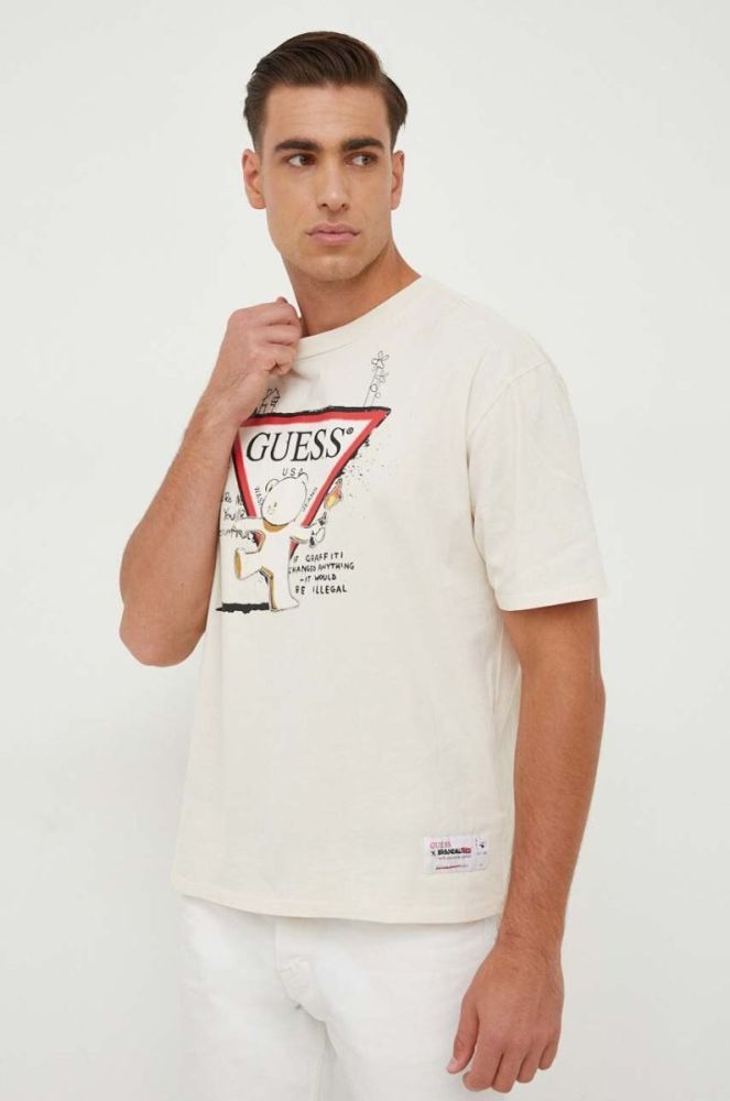 Бавовняна футболка Guess Guess x Banksy чоловіча колір бежевий з принтом фото 4