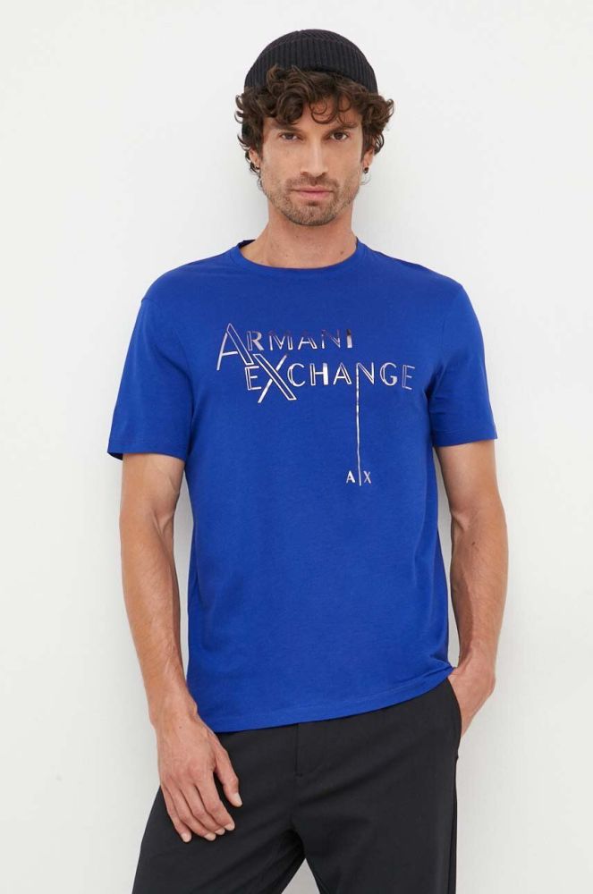 Бавовняна футболка Armani Exchange з принтом колір блакитний (3447943)