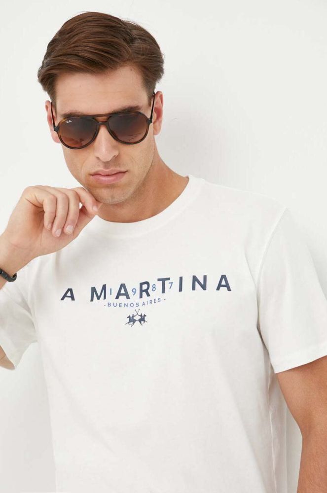 Бавовняна футболка La Martina колір бежевий з принтом