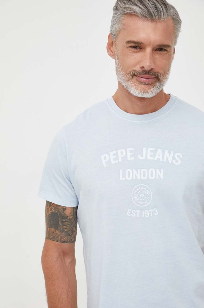 Бавовняна футболка Pepe Jeans з принтом колір блакитний