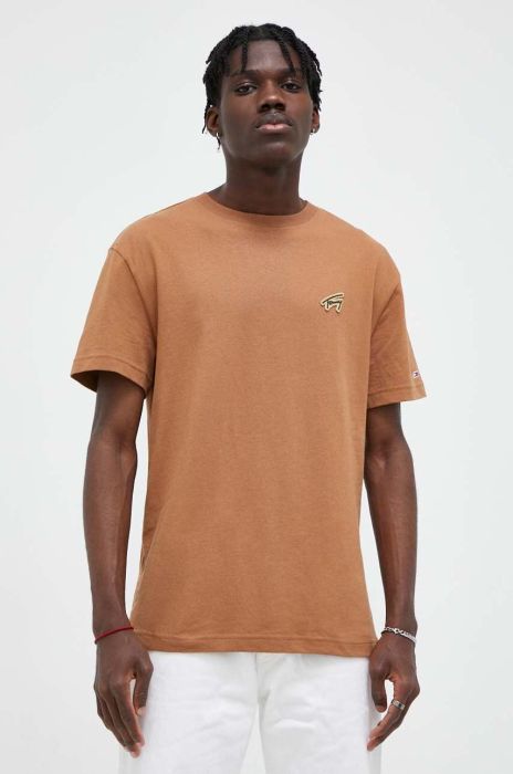 Бавовняна футболка Tommy Jeans колір коричневий з аплікацією