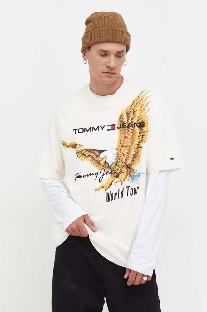 Бавовняна футболка Tommy Jeans чоловічий колір бежевий з принтом (3633699)