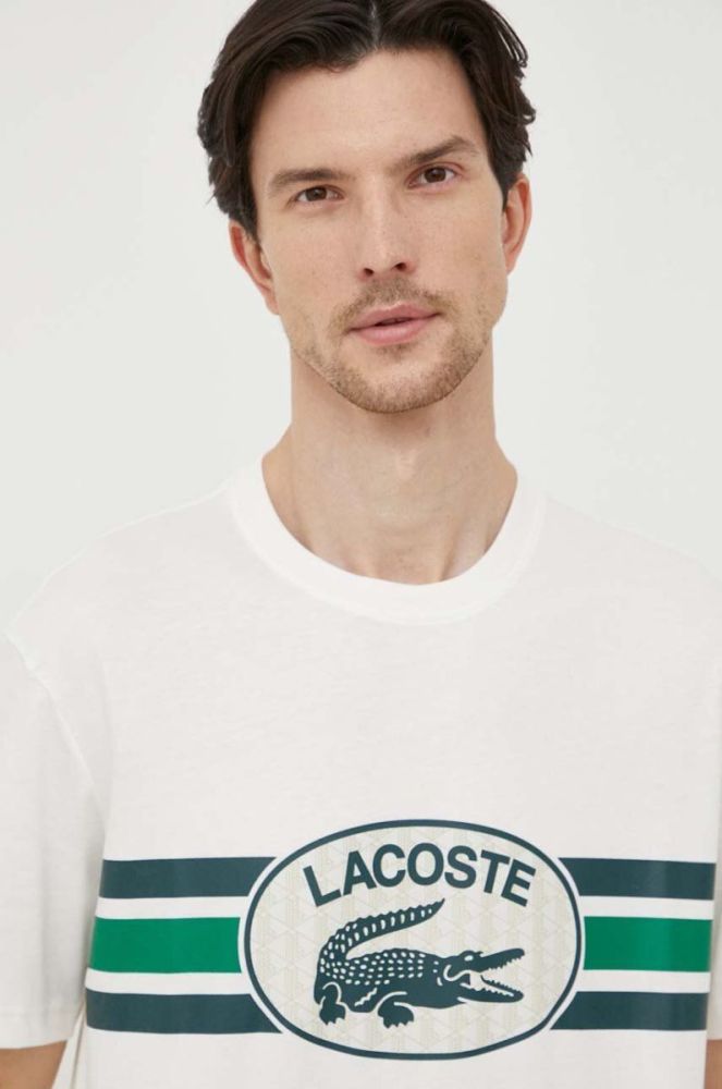Бавовняна футболка Lacoste колір бежевий з принтом (3539071) фото 4