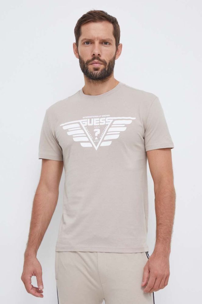 Бавовняна футболка Guess колір бежевий з принтом (3560548)