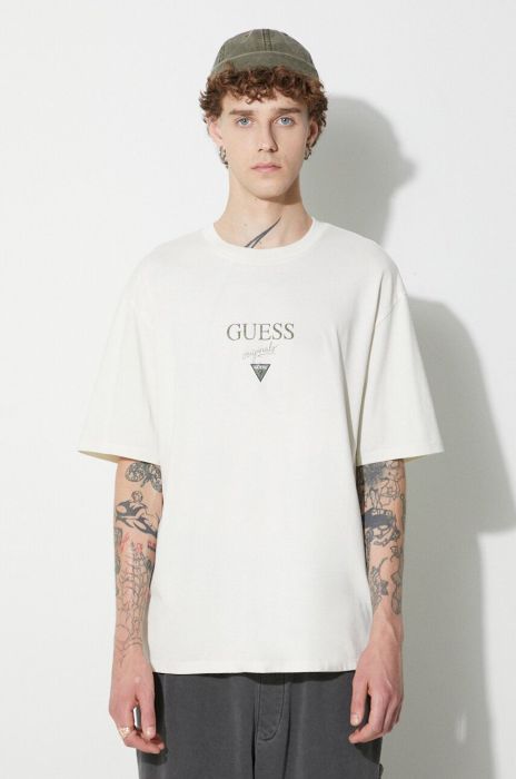 Бавовняна футболка Guess Originals колір бежевий з принтом (3488505)