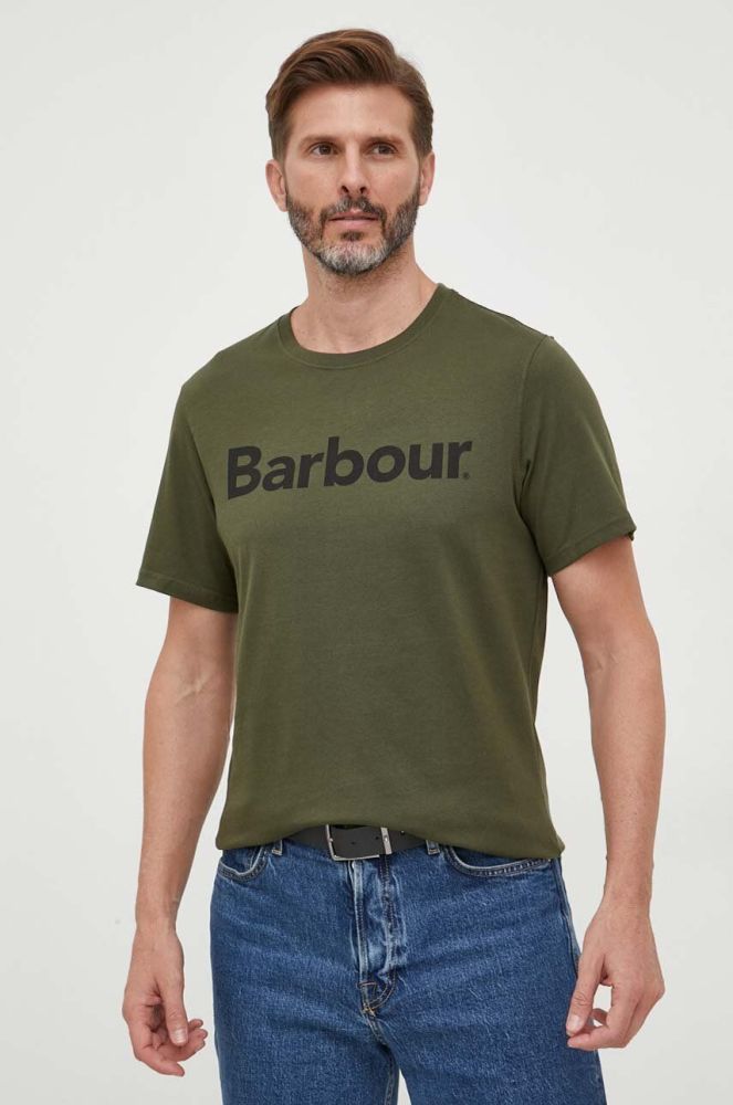 Бавовняна футболка Barbour колір зелений з принтом