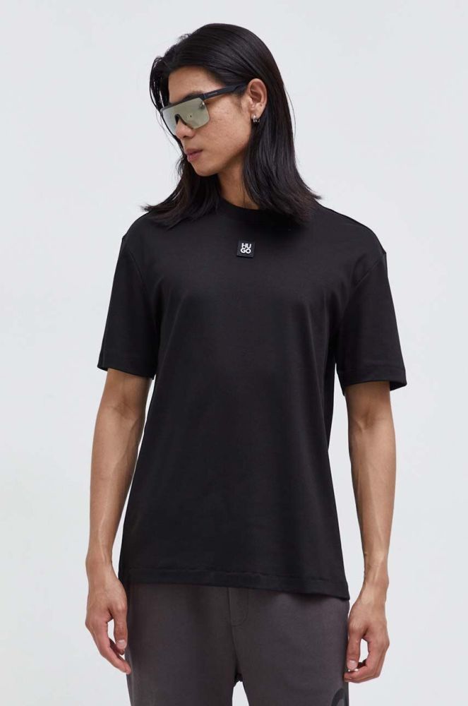 Бавовняна футболка HUGO чоловічий колір чорний з аплікацією (3611032)