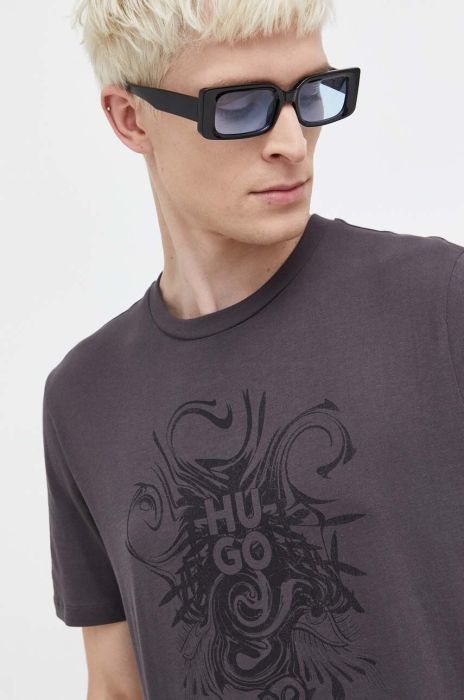 Бавовняна футболка HUGO чоловічий колір сірий з принтом (3645698)