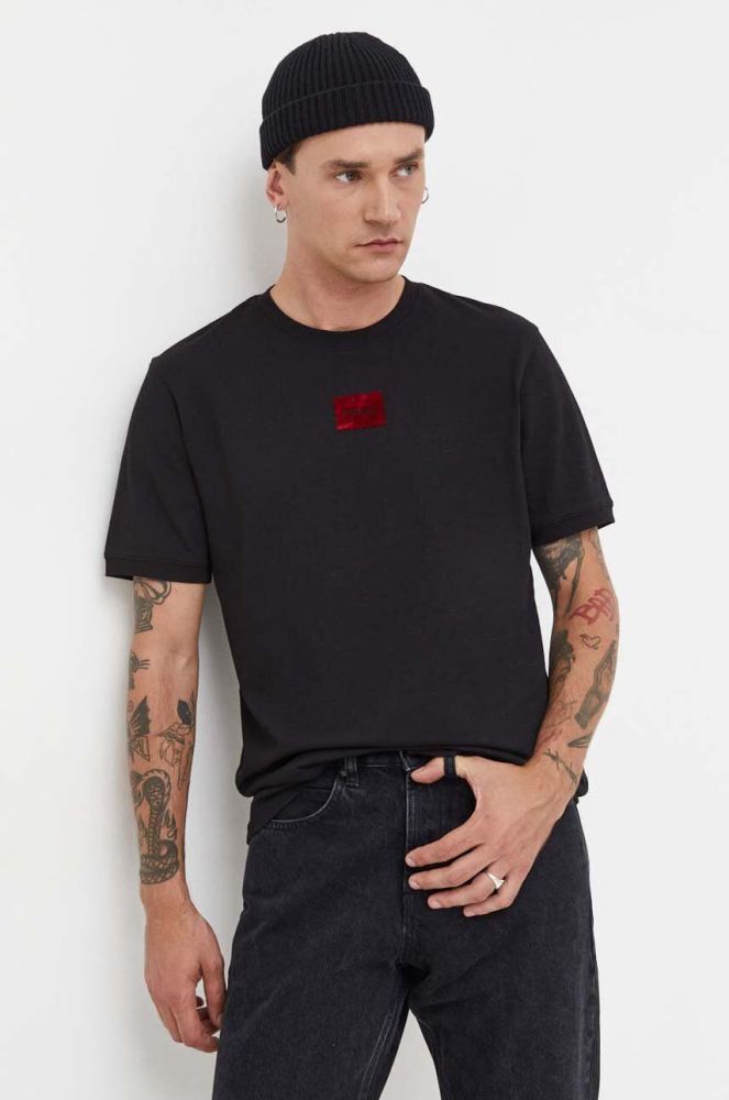 Бавовняна футболка HUGO чоловічий колір чорний з аплікацією (3633752)