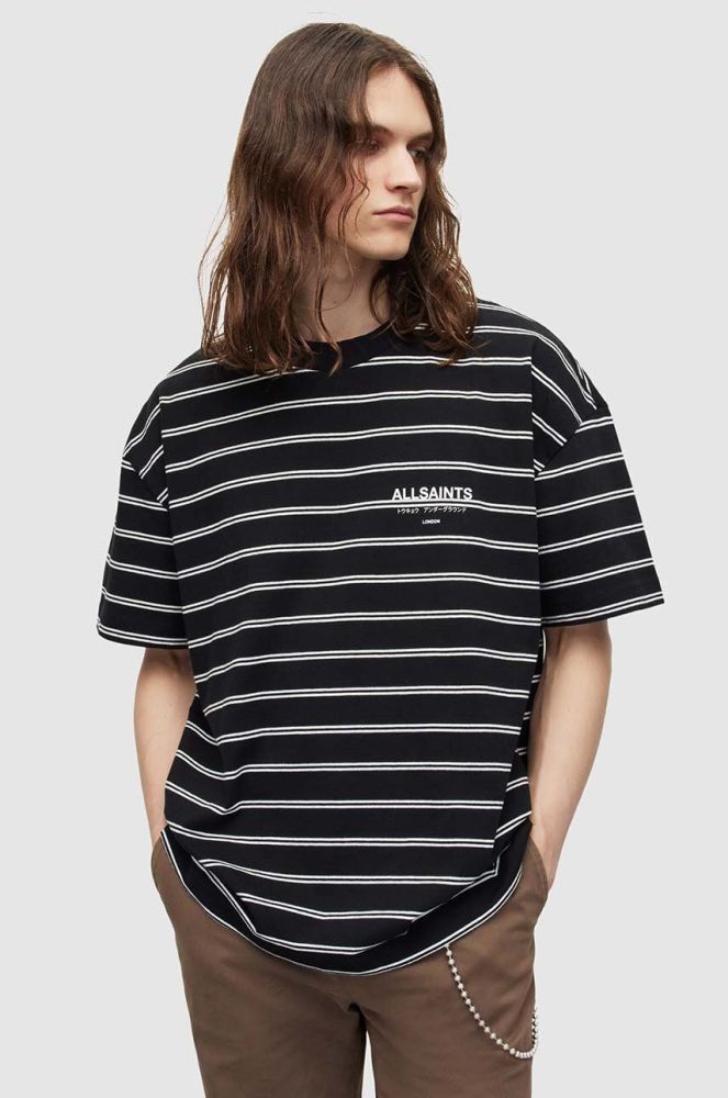 Бавовняна футболка AllSaints UNDERGROUND STRIPE S колір сірий візерунок