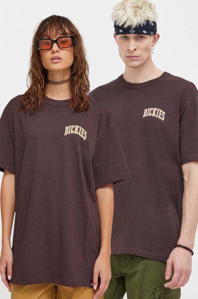 Бавовняна футболка Dickies колір коричневий з принтом