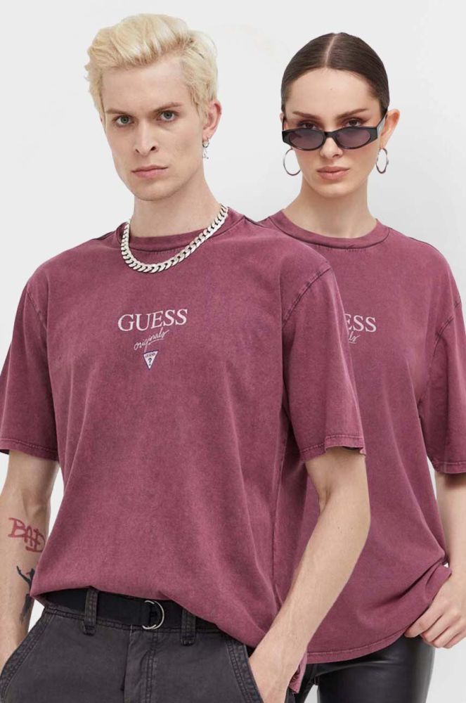 Бавовняна футболка Guess Originals колір фіолетовий з принтом
